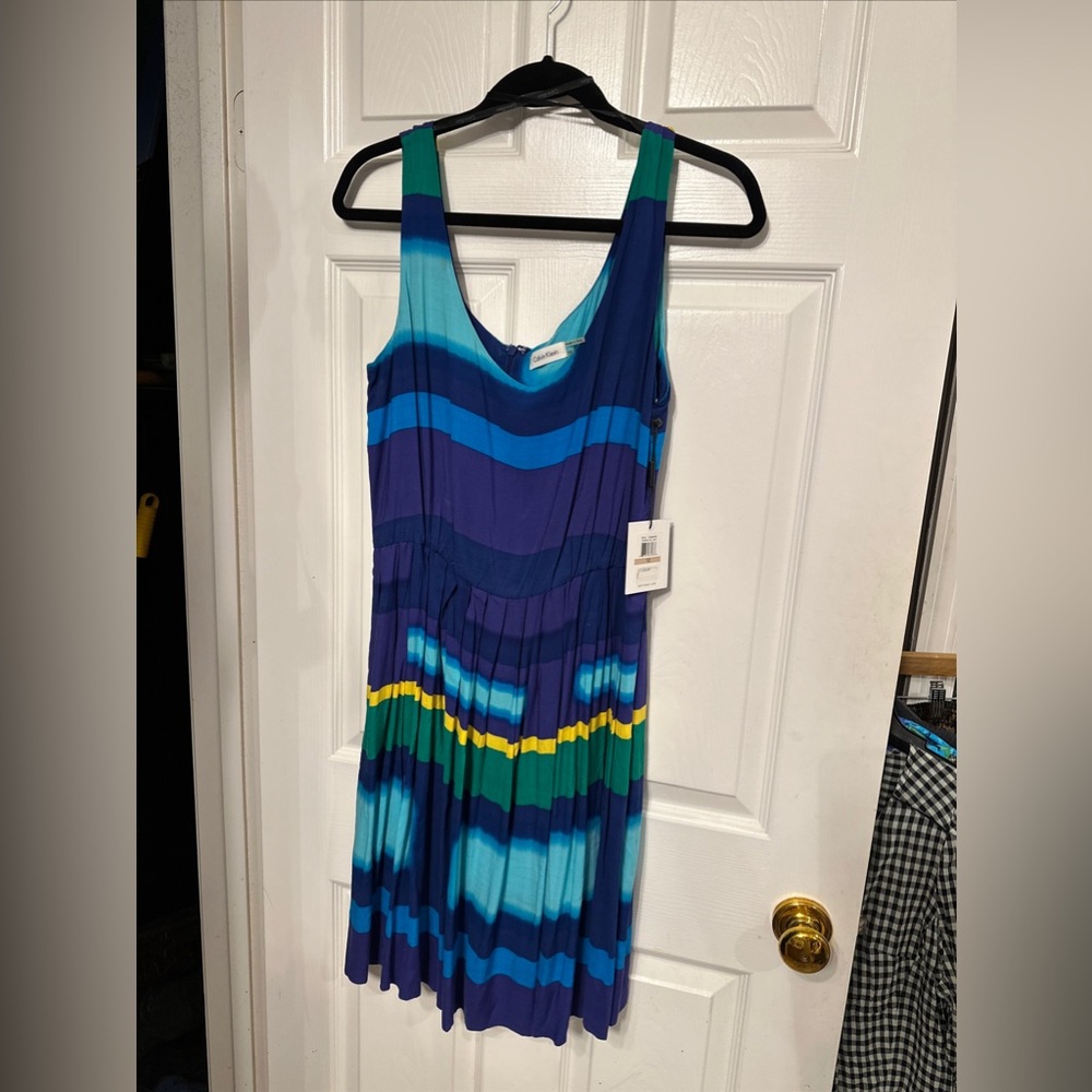 NWT Calvin Klein  Size 12 Womens Striped Rayon Sleeveless Fit n’Flare Dress